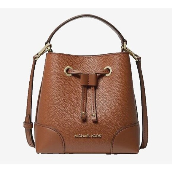 New Michael Kors Mercer Small Drawstring Pebble Leather Bucket Bag Luggage - Picture 1 of 6